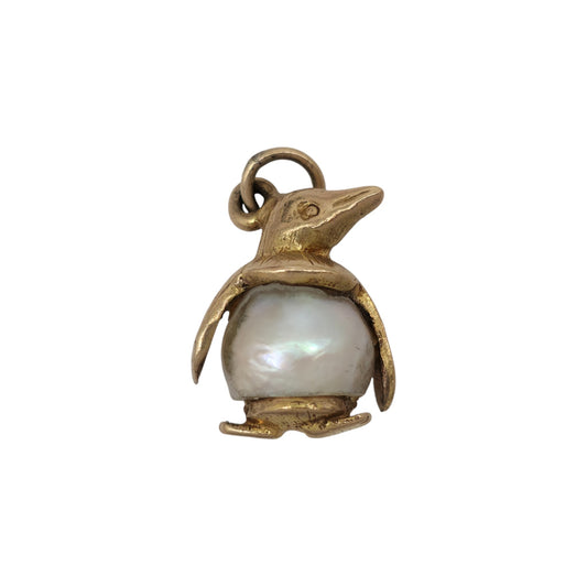 9ct 375 Yellow Gold Penguin Charm With Pearl 1958 L 1.3 cm 2.5 g.