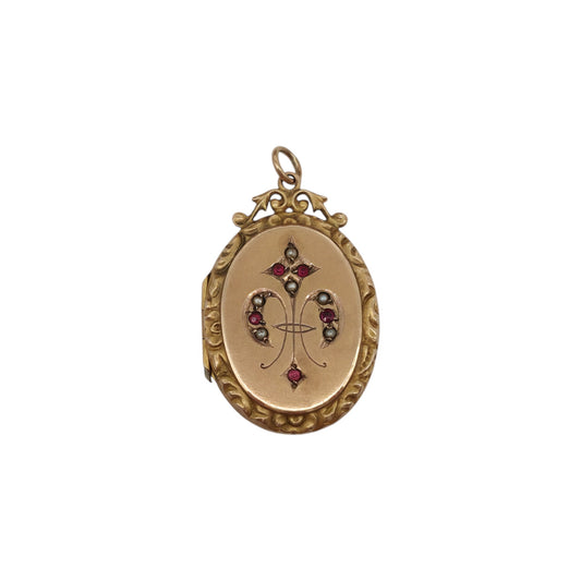 Chester 9ct 375 Yellow Gold Photo Locket Pendant With Ruby & Pearls L 3.0 cm 4.6 g.