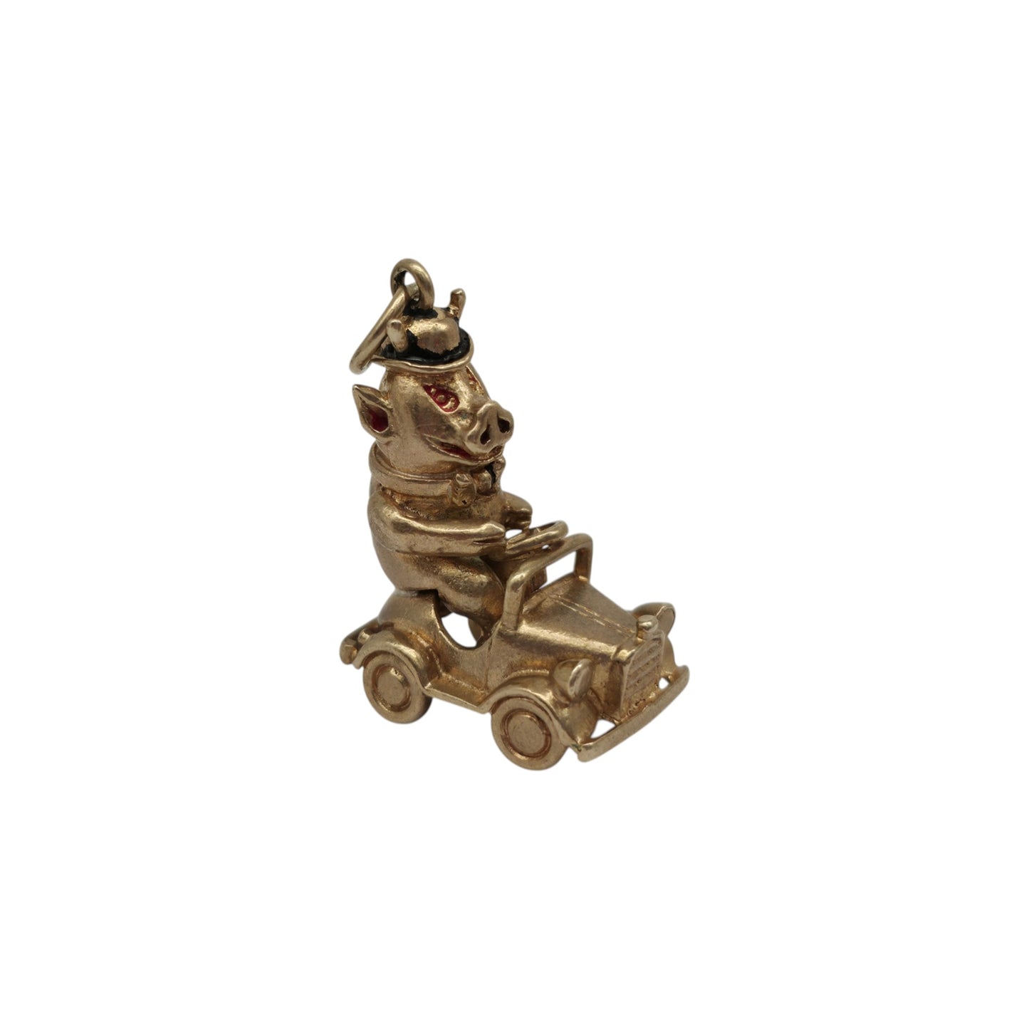 Heavy 9ct 375 Yellow Gold Pig In a Pedal Car Charm 1963 L 2.5 cm 8.9 g.