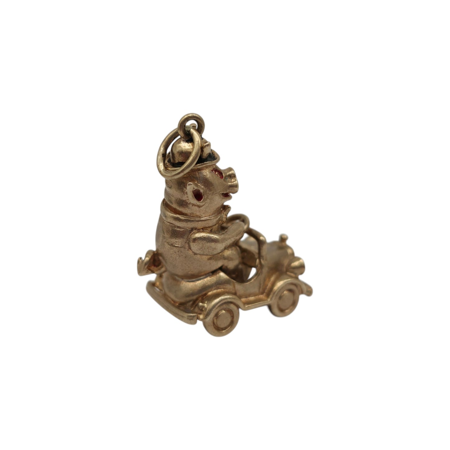Heavy 9ct 375 Yellow Gold Pig In a Pedal Car Charm 1963 L 2.5 cm 8.9 g.