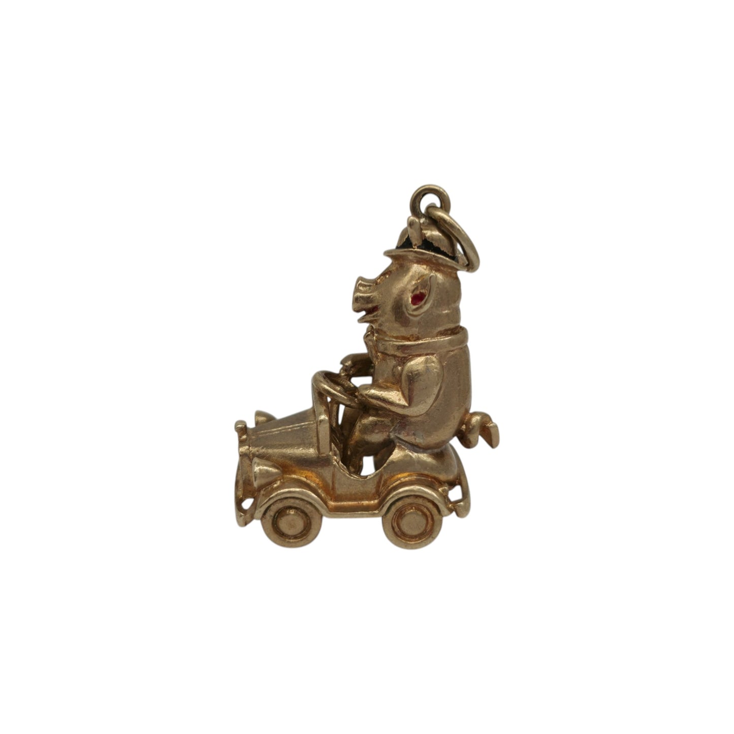 Heavy 9ct 375 Yellow Gold Pig In a Pedal Car Charm 1963 L 2.5 cm 8.9 g.