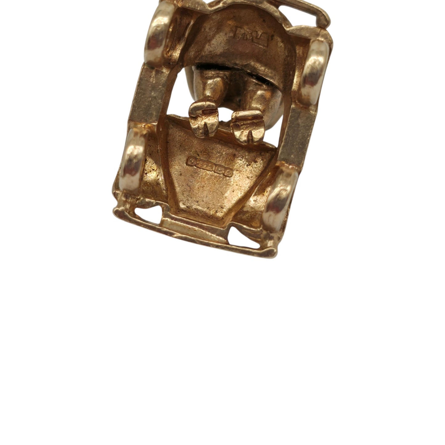 Heavy 9ct 375 Yellow Gold Pig In a Pedal Car Charm 1963 L 2.5 cm 8.9 g.