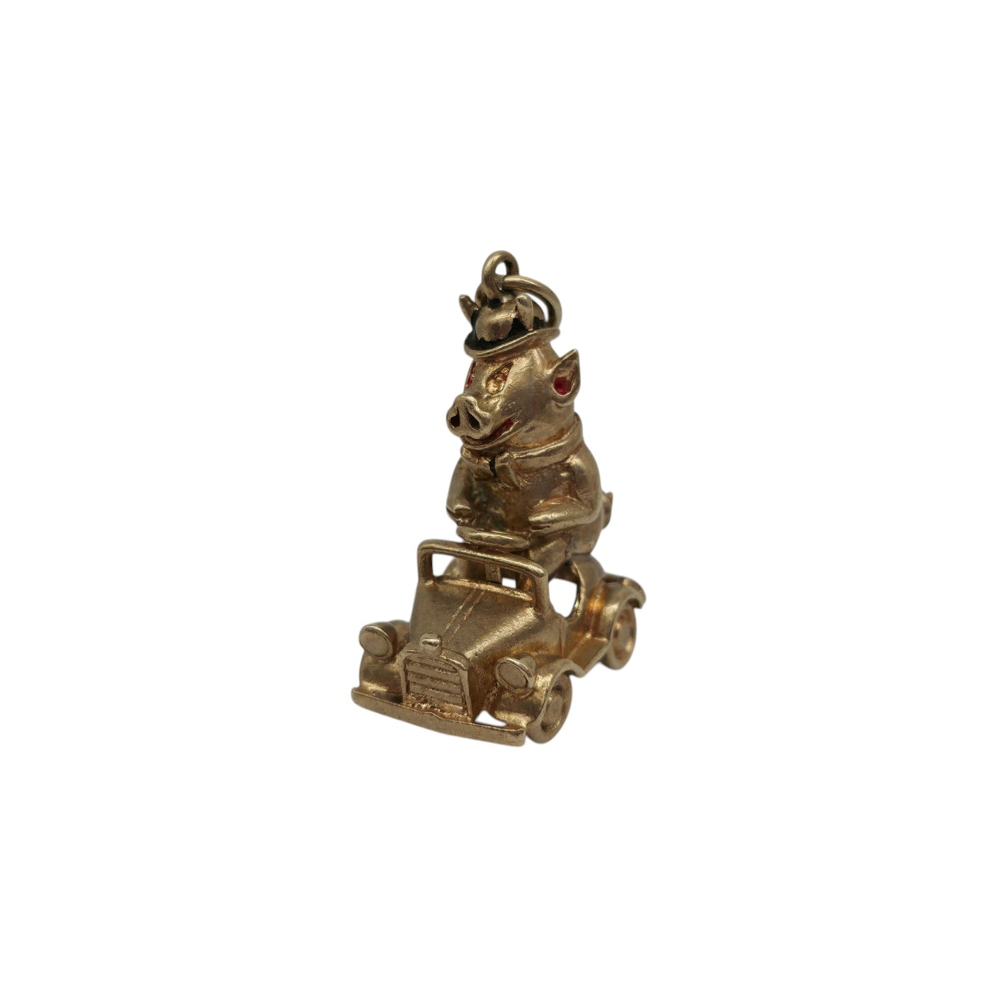 Heavy 9ct 375 Yellow Gold Pig In a Pedal Car Charm 1963 L 2.5 cm 8.9 g.