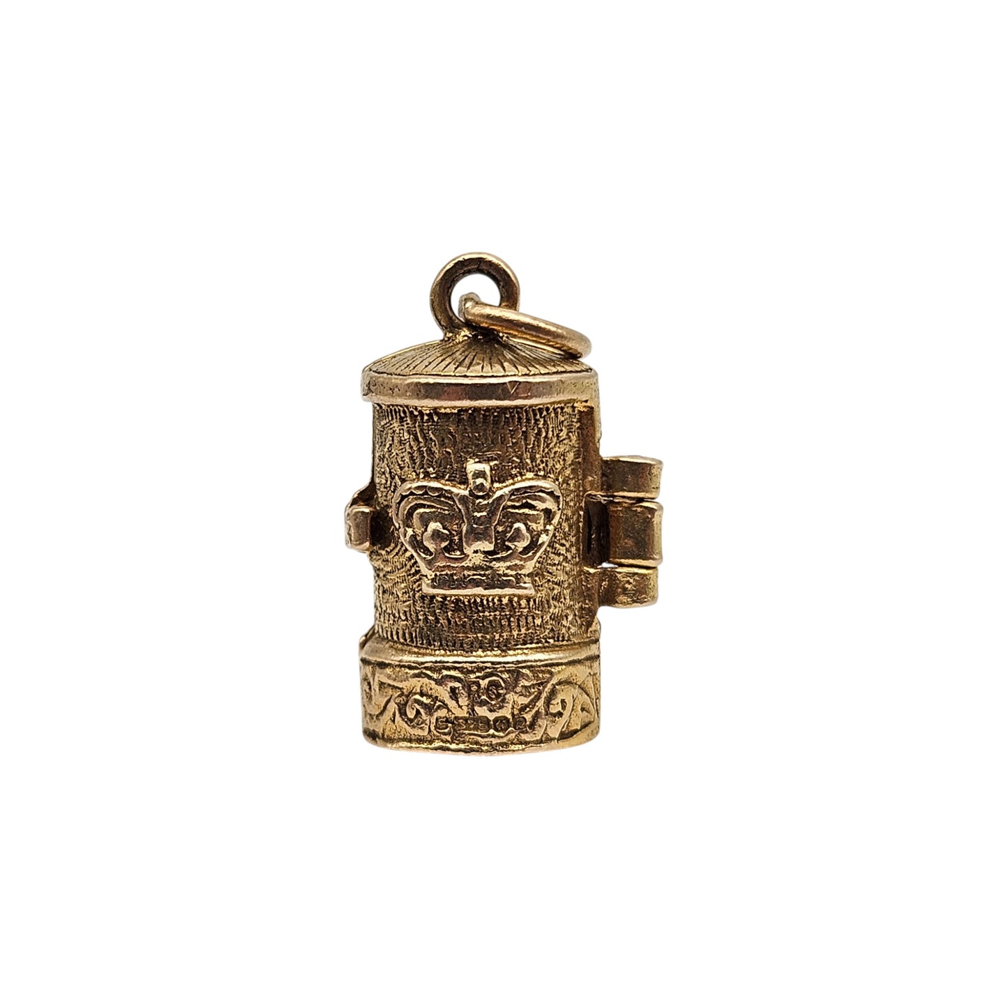 9ct 375 Yellow Gold Postman Inside Post Box Opening Charm 1966 L 1.5 cm 4.1 g.