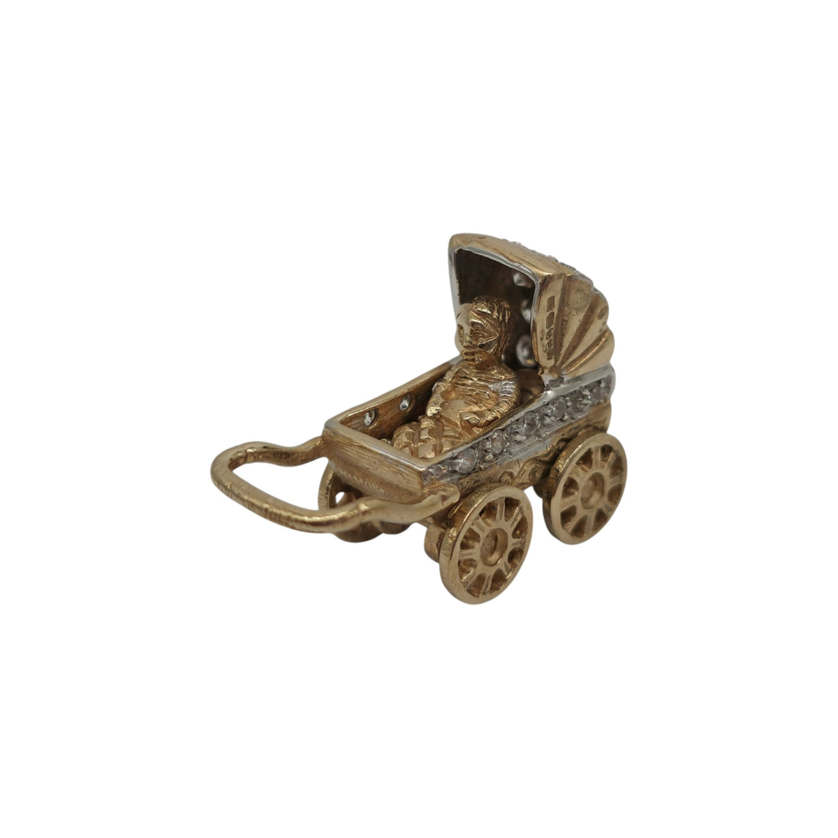 Heavy 9ct 375 Yellow & White Gold Pram Pendant 2000 L 2.4 cm 7.7 g.