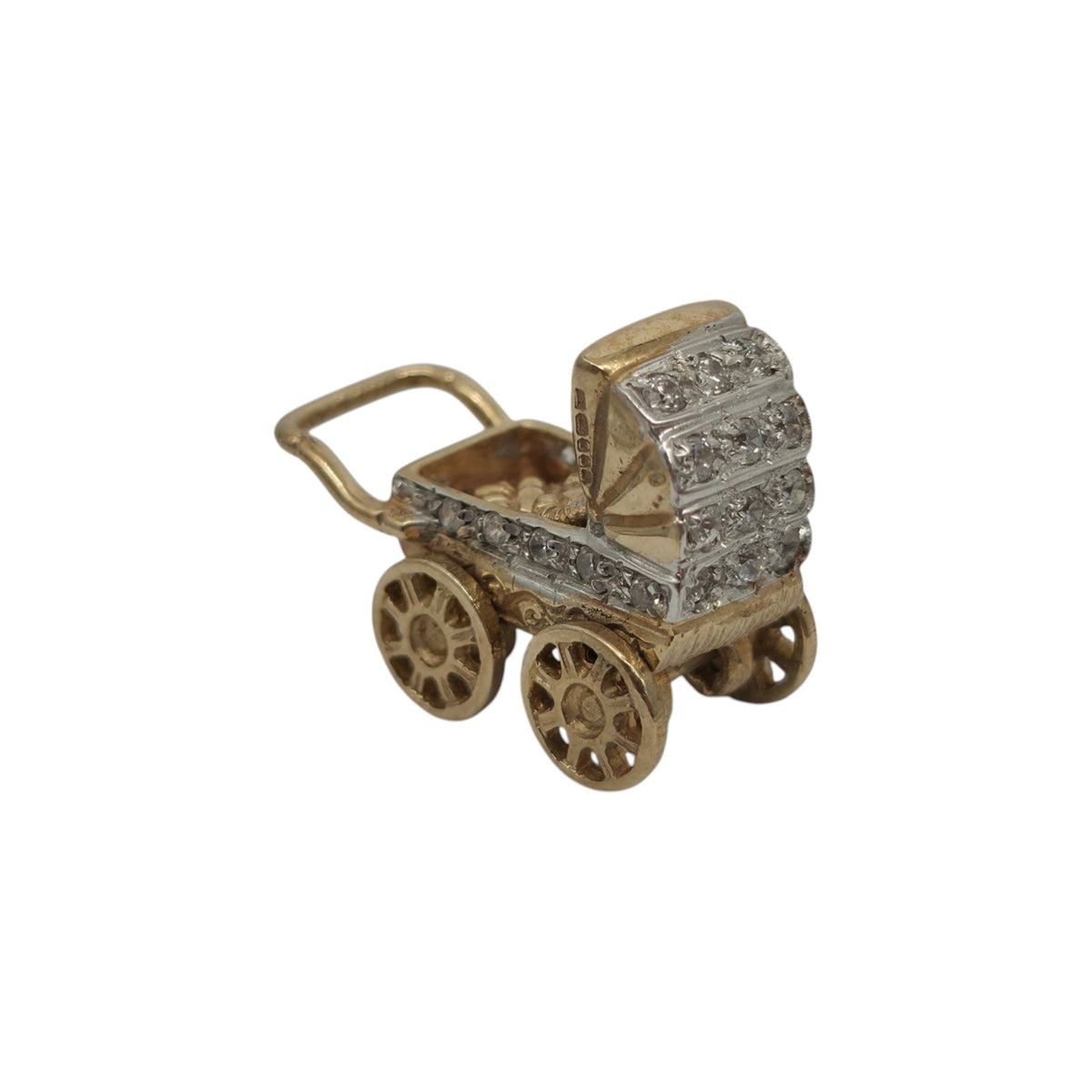 Heavy 9ct 375 Yellow & White Gold Pram Pendant 2000 L 2.4 cm 7.7 g.