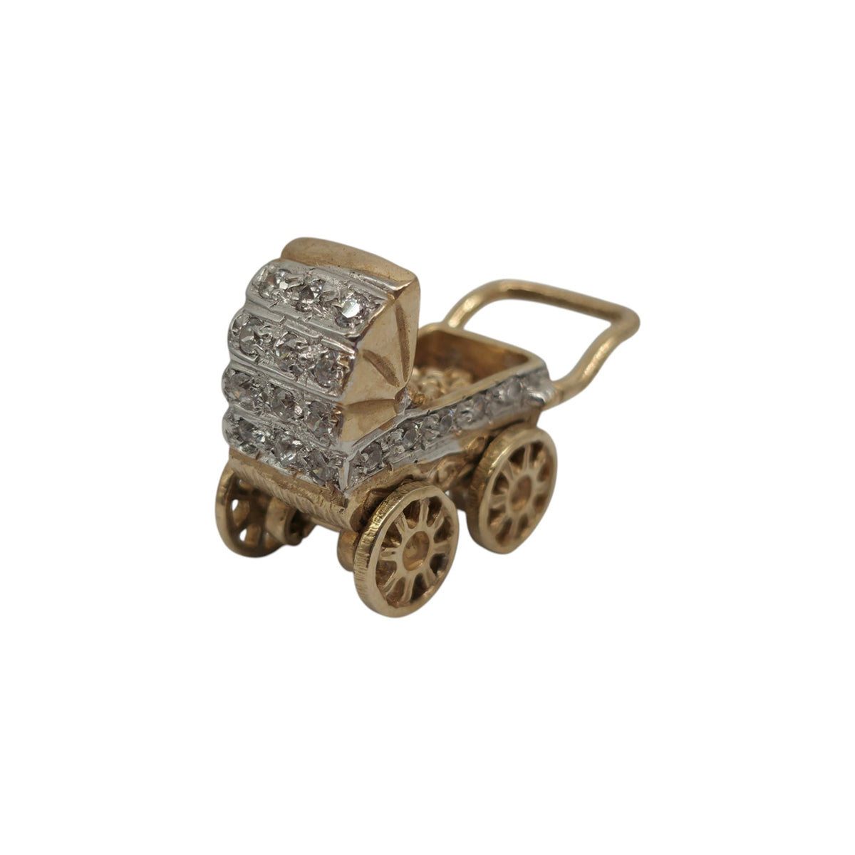 Heavy 9ct 375 Yellow & White Gold Pram Pendant 2000 L 2.4 cm 7.7 g.
