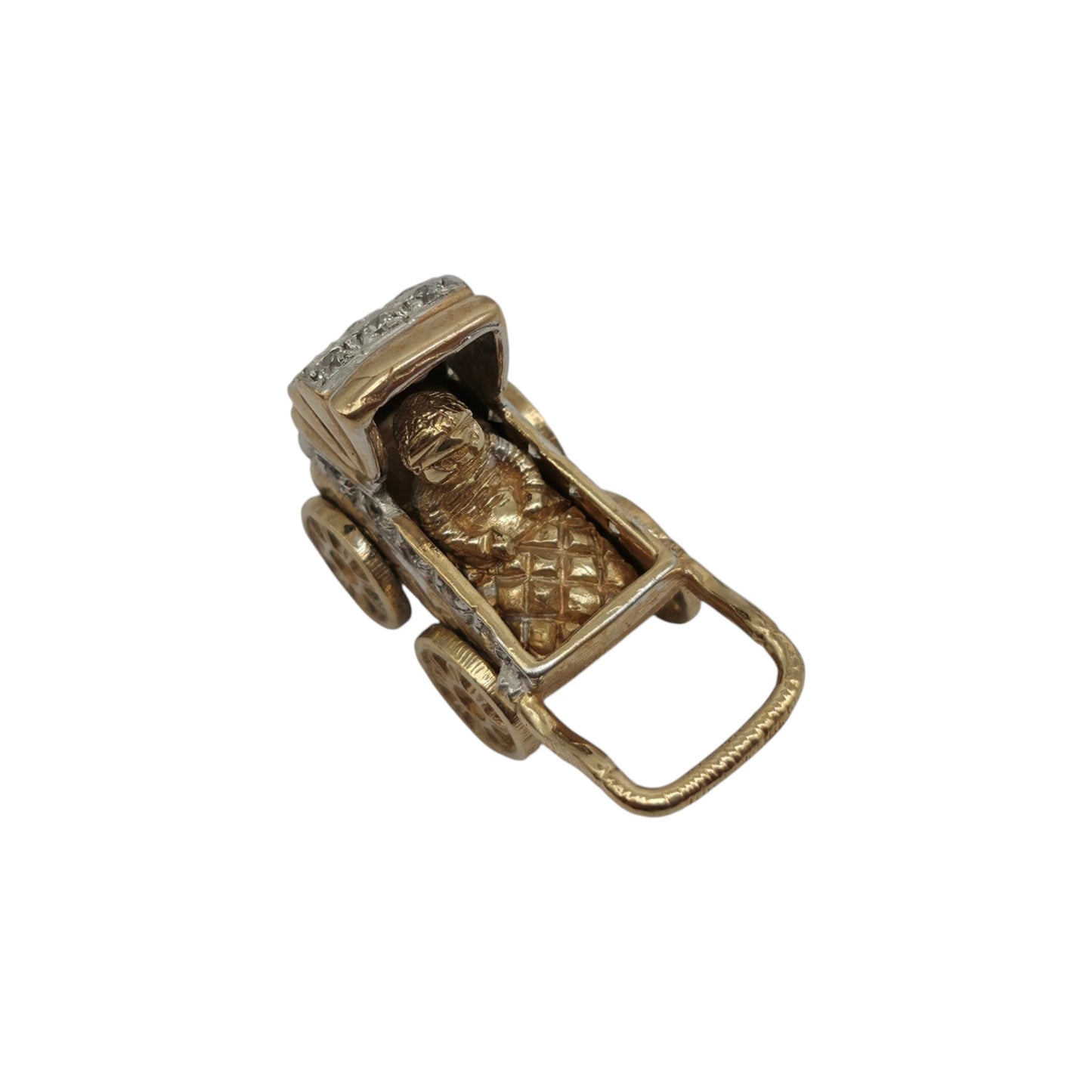 Heavy 9ct 375 Yellow & White Gold Pram Pendant 2000 L 2.4 cm 7.7 g.