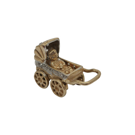 Heavy 9ct 375 Yellow & White Gold Pram Pendant 2000 L 2.4 cm 7.7 g.