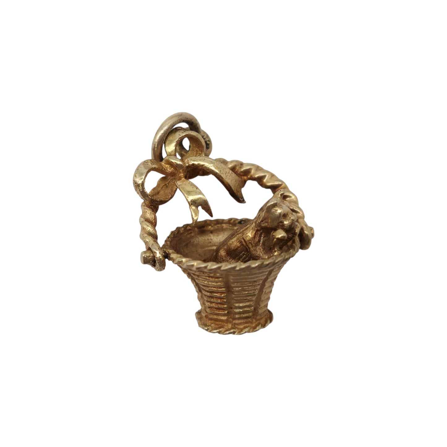 9ct 375 Yellow Gold Puppy In Basket Charm 1970 L 1.7 cm 2.6 g.
