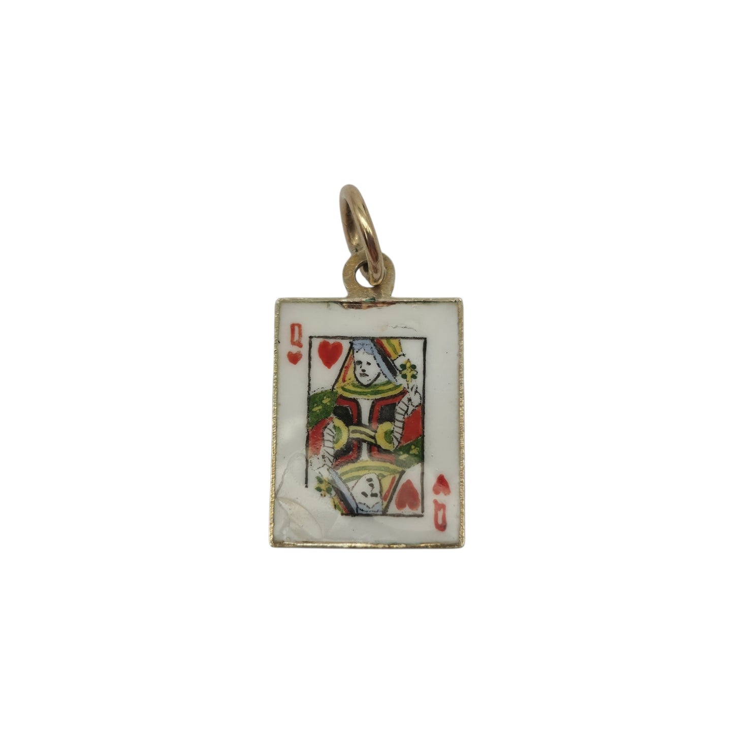9ct 375 Yellow Gold & Enamel Queen Of Hearts Playing Card Charm 1950 L 1.4 cm 1.0 g.
