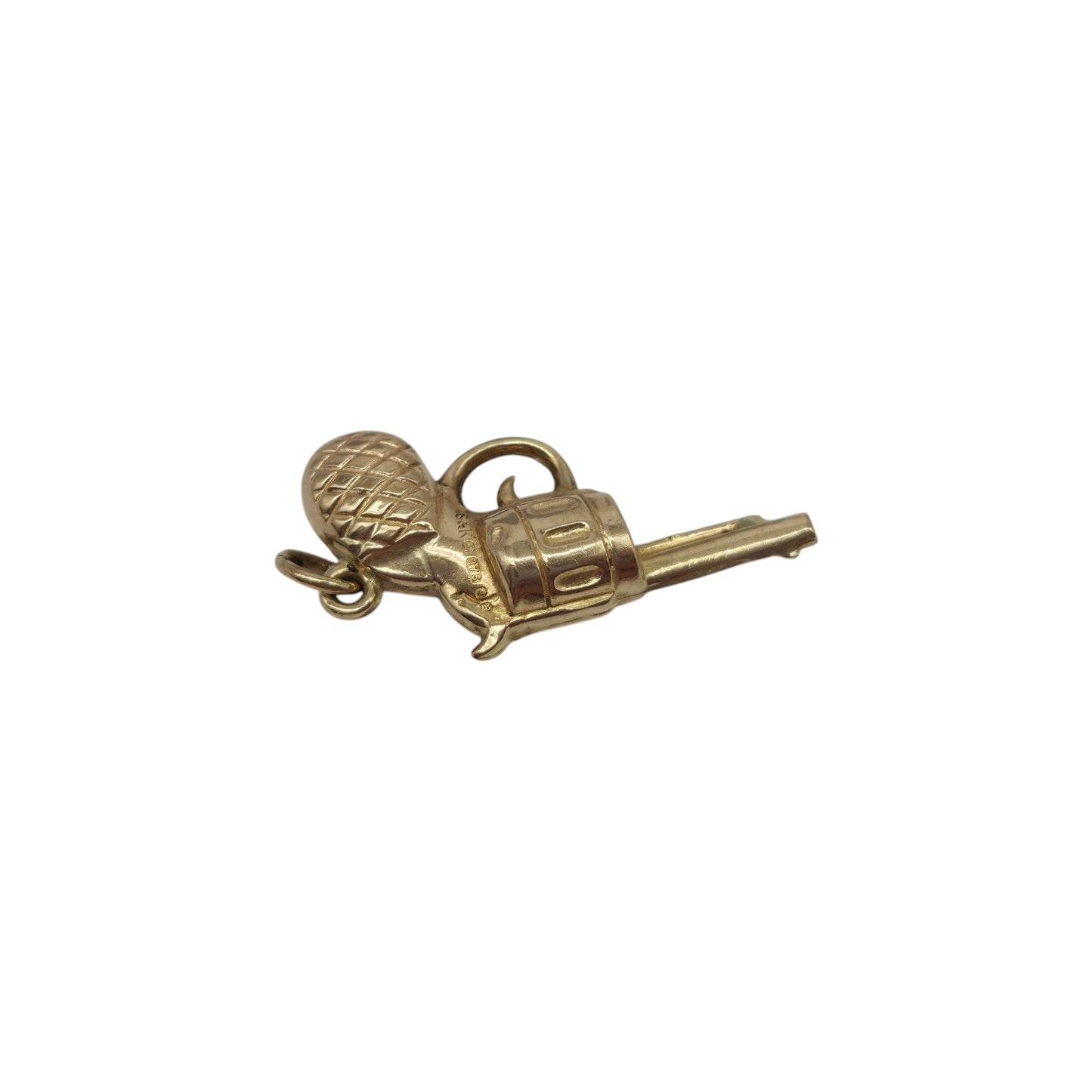 9ct 375 Yellow Gold Revolver Gun Charm 1976 L 2.4 cm 1.0 g.