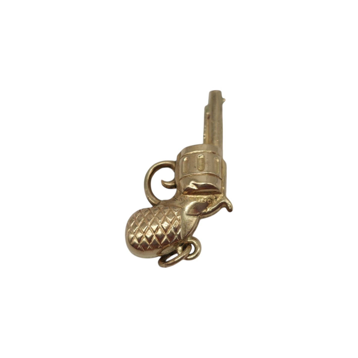 9ct 375 Yellow Gold Revolver Gun Charm 1976 L 2.4 cm 1.0 g.