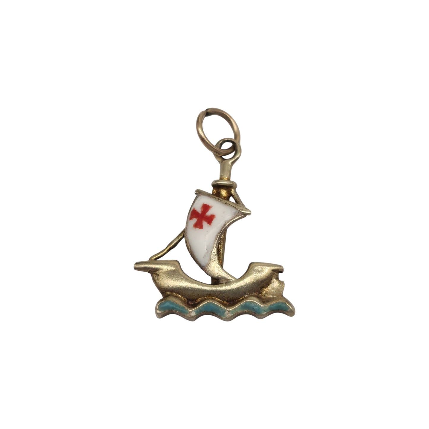 9ct 375 Yellow Gold & Enamel Sailing Ship Charm 1949 L 1.3 cm 1.2 g.
