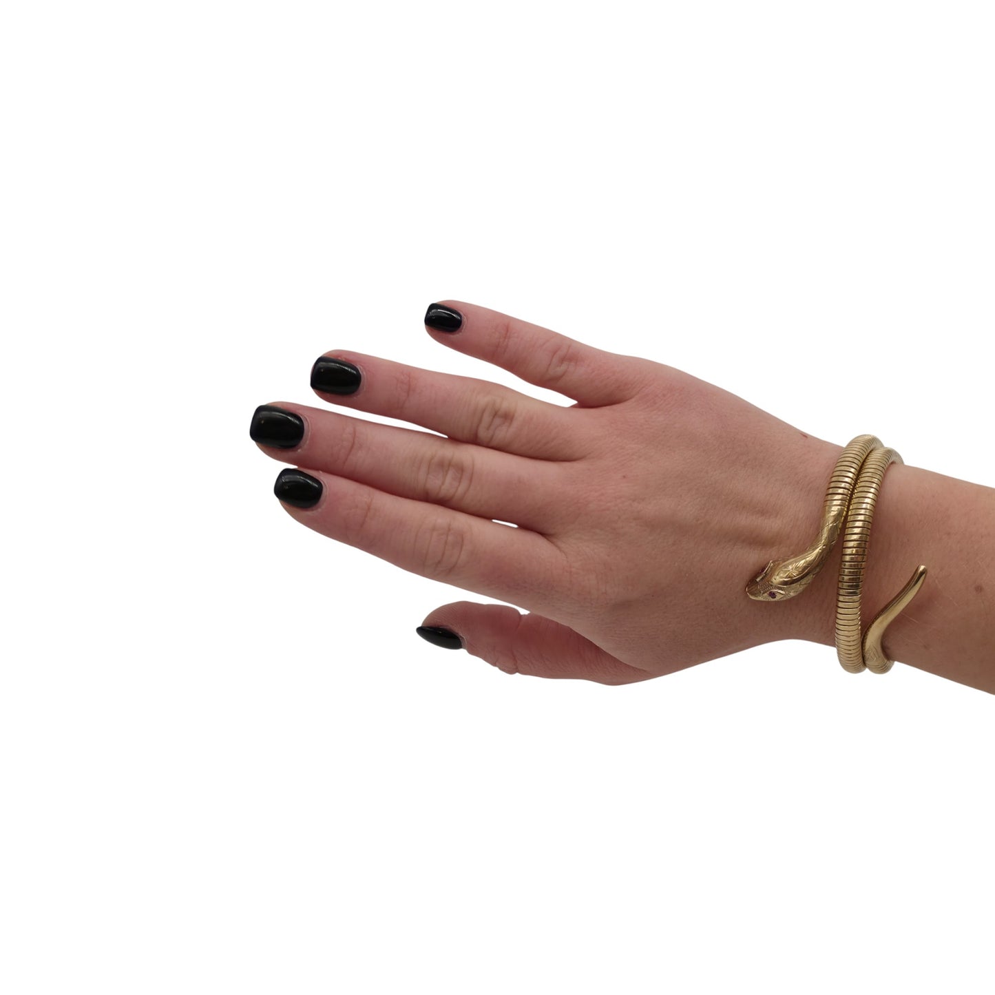 9ct 375 Yellow Gold Snake Bangle With Ruby Eyes 1966, 30.4 g.