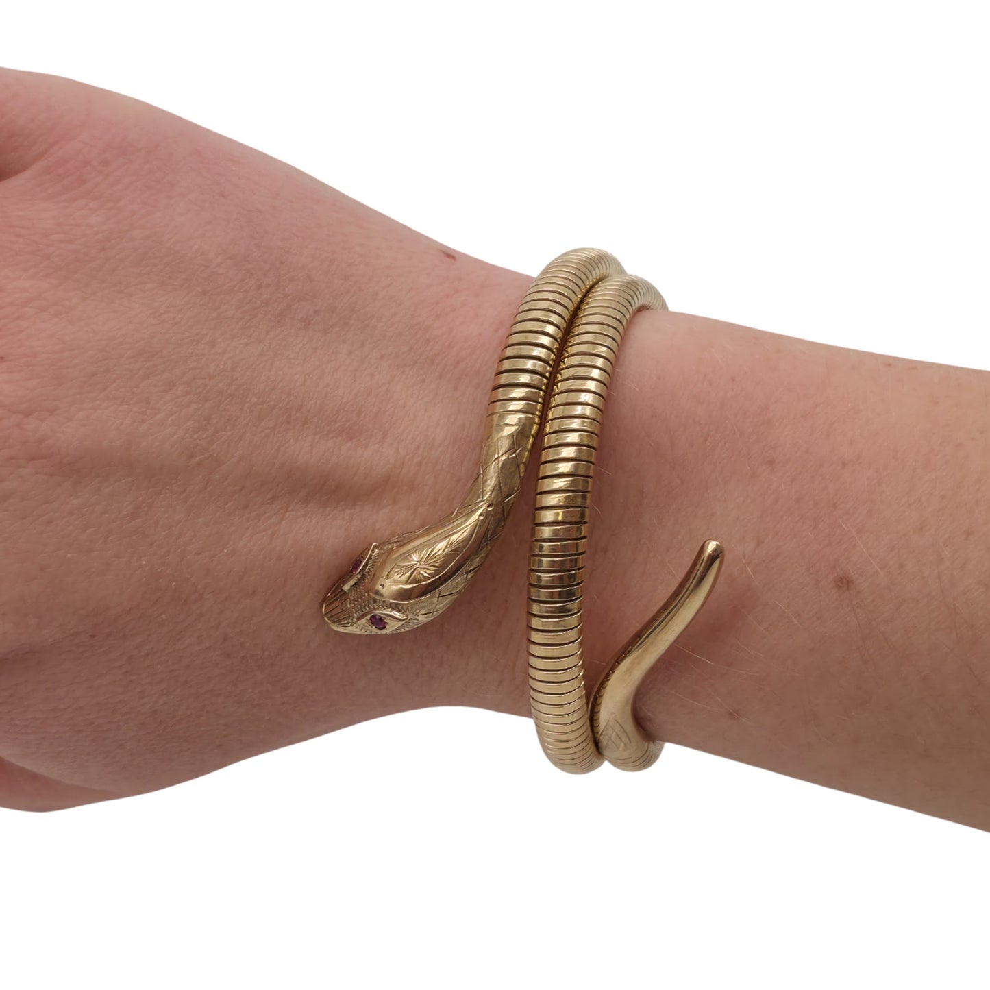 9ct 375 Yellow Gold Snake Bangle With Ruby Eyes 1966, 30.4 g.