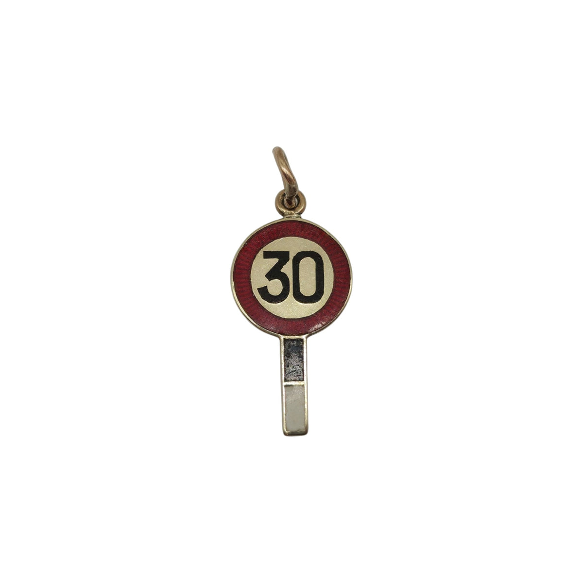 Rare 9ct 375 Yellow Gold & Enamel Speed Limit Sign Charm 1948 L 1.8 cm 1.0 g.