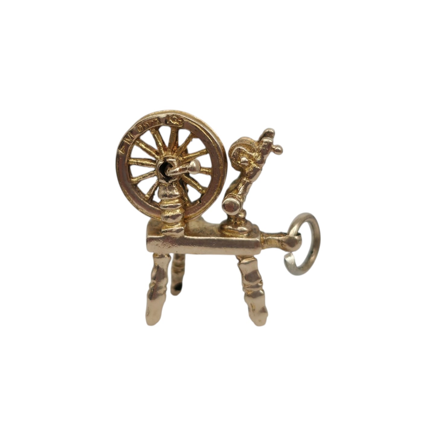 9ct 375 Yellow Gold Articulated Spinning Wheel Charm c.1960's L 1.7 cm 2.3 g.