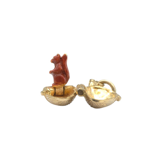 Rare 9ct 375 Yellow Gold & Enamel Squirrel Inside Acorn Opening Charm 1970