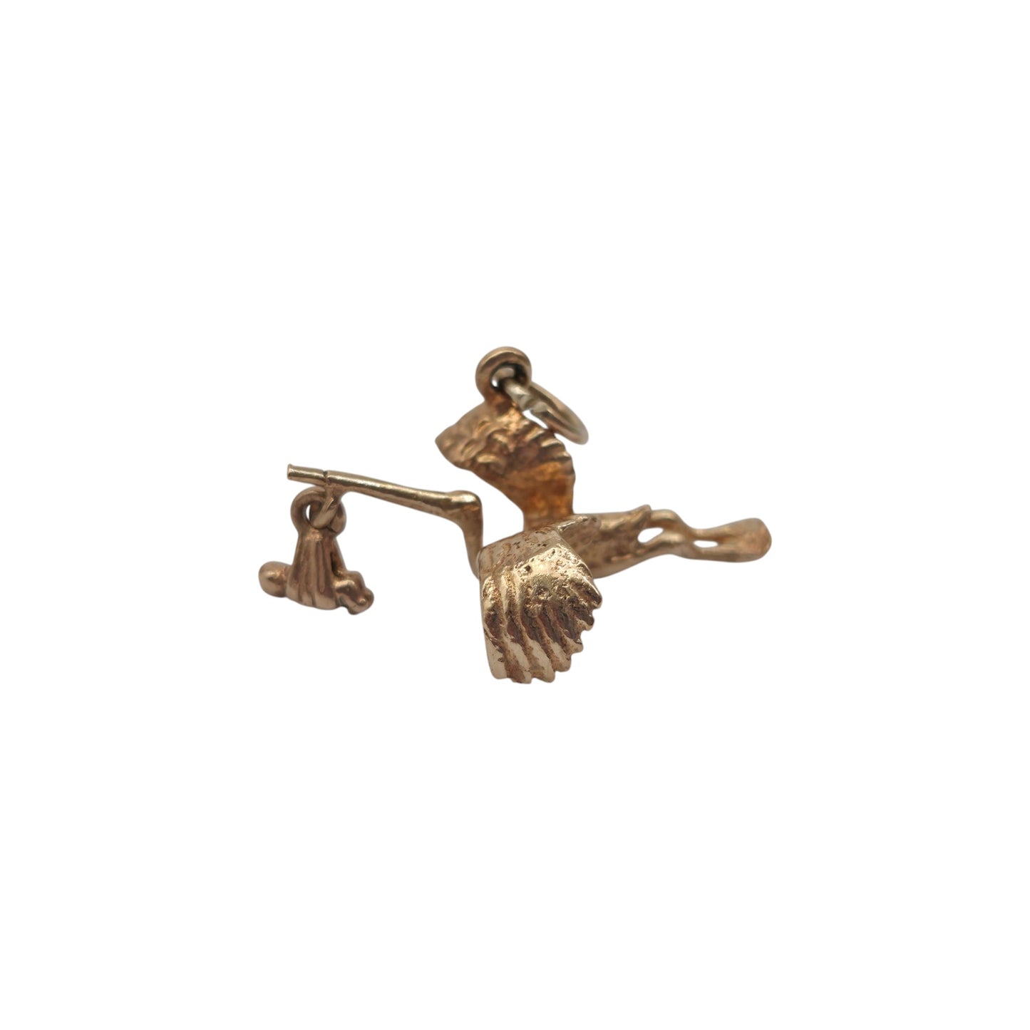 9ct 375 Yellow Gold Articulated Stork Bringing Baby Charm 1964 L 2.4 cm 1.9 g.