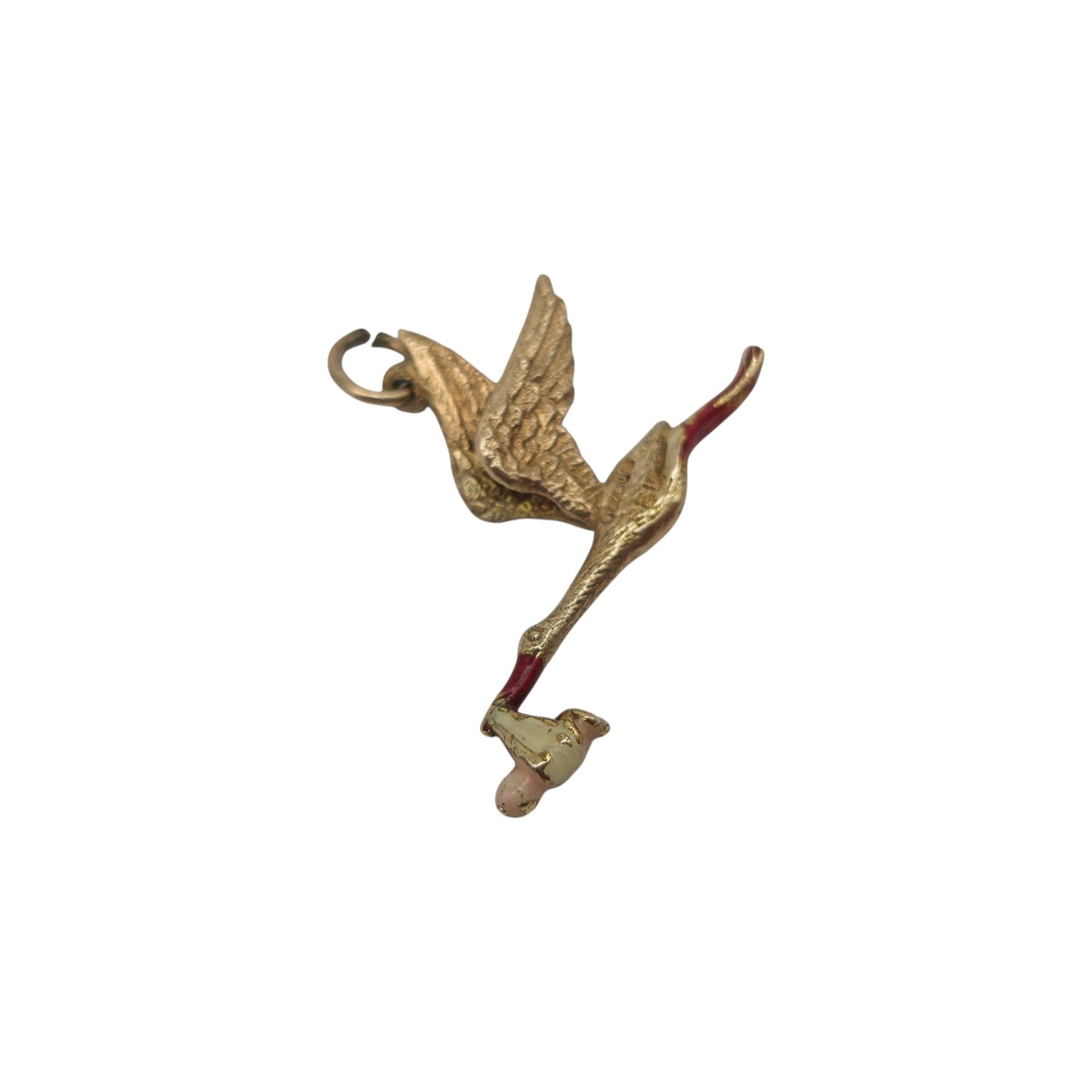 9金 375イエローゴールド エナメル コウノトリ赤ちゃんチャーム 1955年製 長さ2.5cm 1.5g