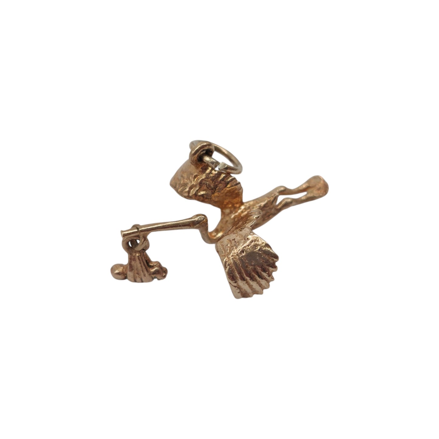 9ct 375 Yellow Gold Articulated Stork Bringing Baby Charm 1964 L 2.4 cm 1.9 g.