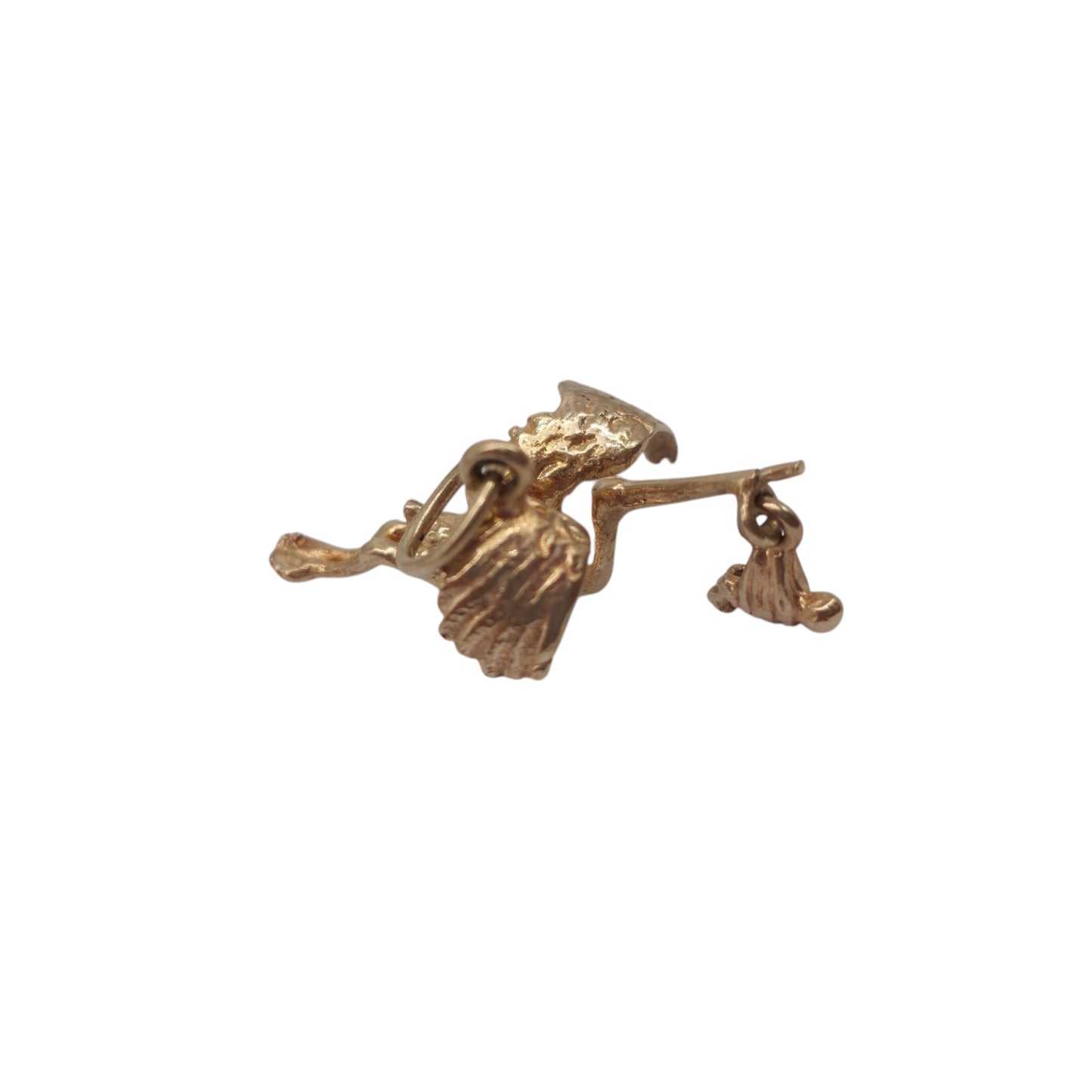 9ct 375 Yellow Gold Articulated Stork Bringing Baby Charm 1964 L 2.4 cm 1.9 g.