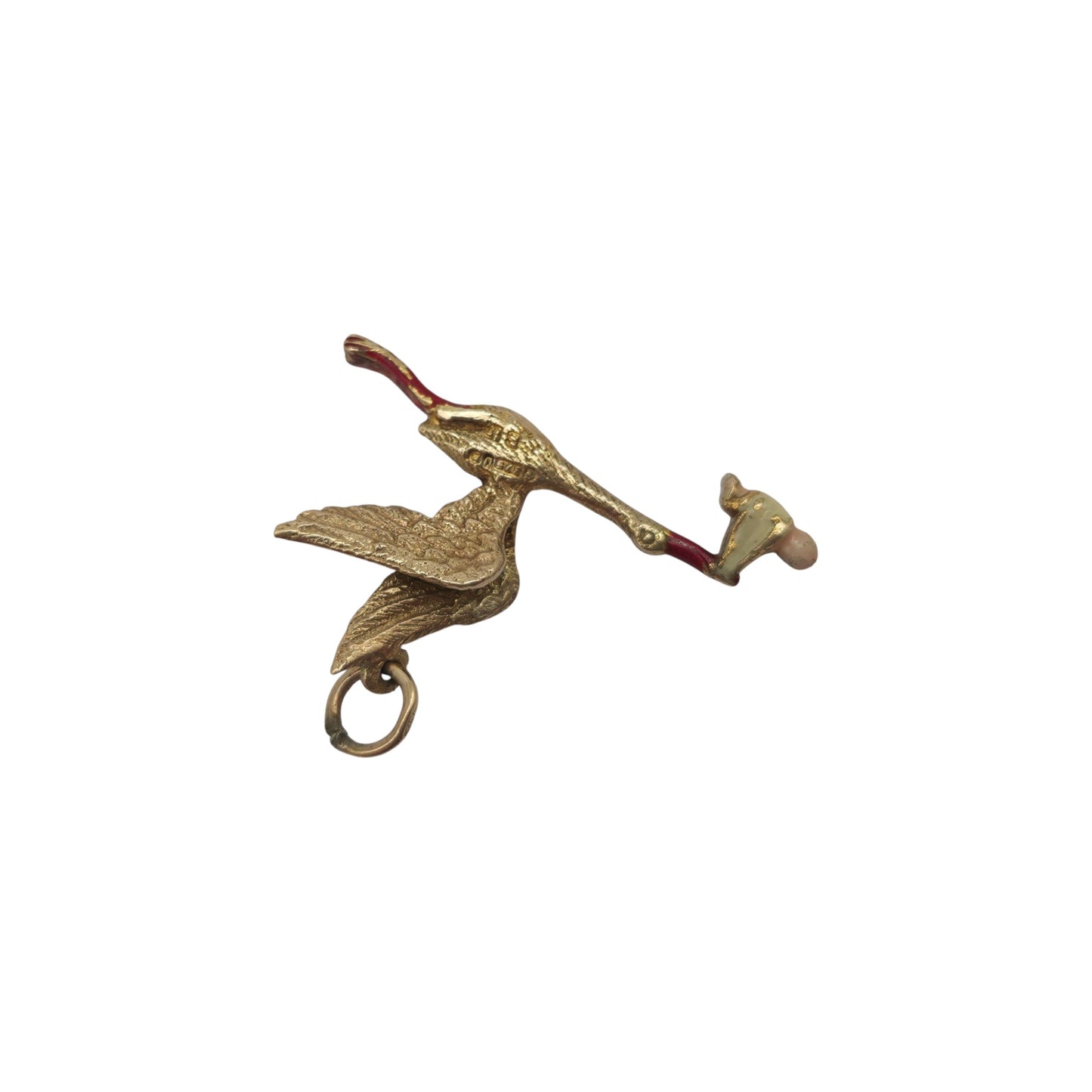 9金 375イエローゴールド エナメル コウノトリ赤ちゃんチャーム 1955年製 長さ2.5cm 1.5g
