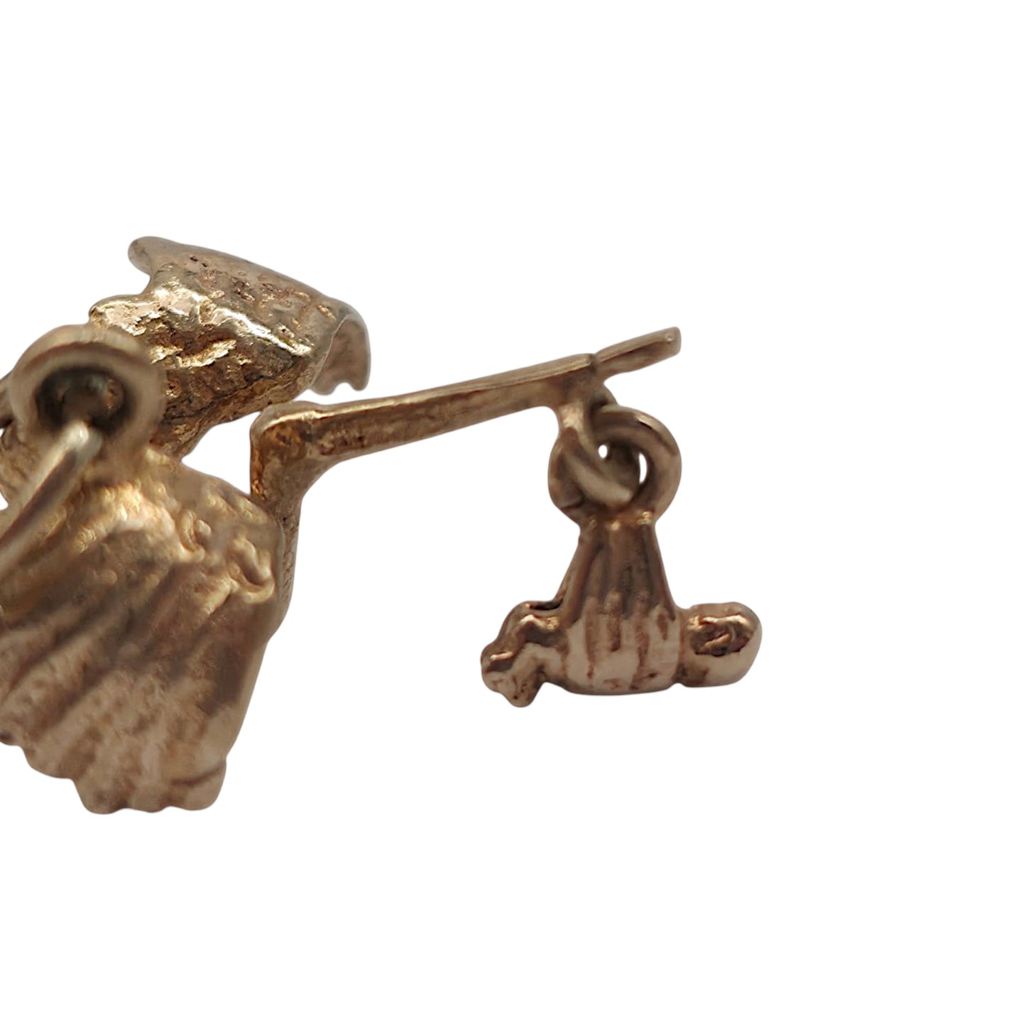 9ct 375 Yellow Gold Articulated Stork Bringing Baby Charm 1964 L 2.4 cm 1.9 g.