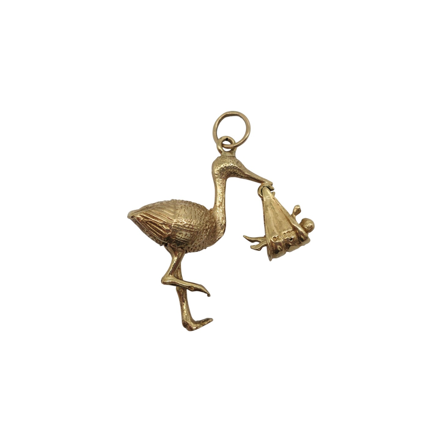 9ct 375イエローゴールド 1970年代製 関節式コウノトリと赤ちゃんチャーム 長さ2.8cm 5.0g