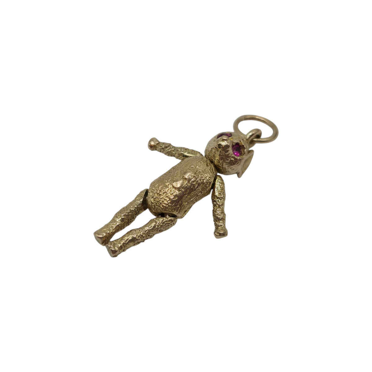 9ct 375 Yellow Gold Articulated Teddy Bear Charm With Ruby Eyes 1962 L 2.3 cm 3.5 g.