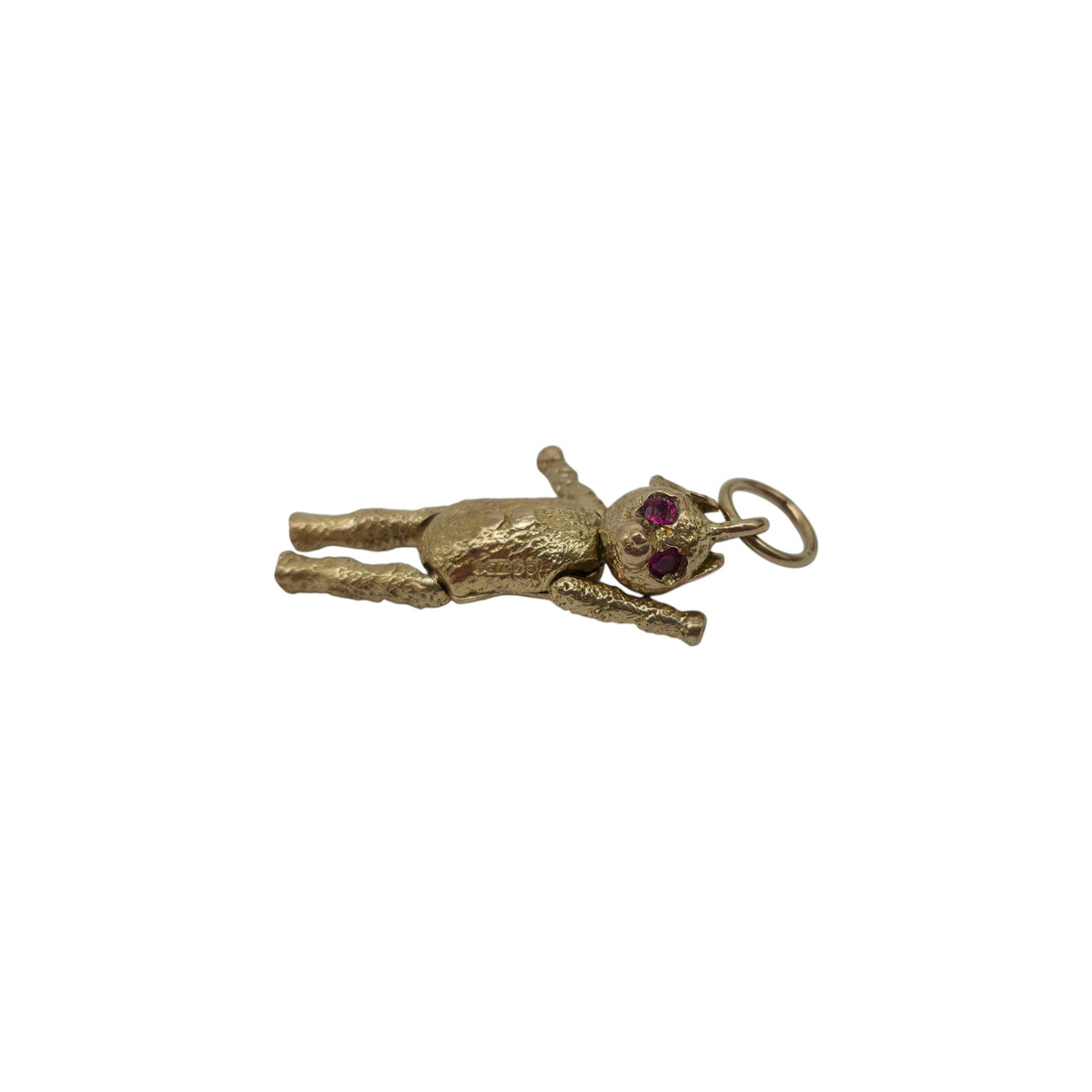9ct 375 Yellow Gold Articulated Teddy Bear Charm With Ruby Eyes 1962 L 2.3 cm 3.5 g.