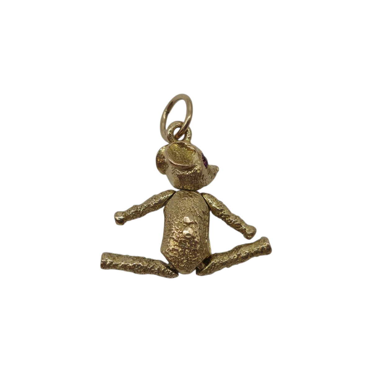 9ct 375 Yellow Gold Articulated Teddy Bear Charm With Ruby Eyes 1962 L 2.3 cm 3.5 g.
