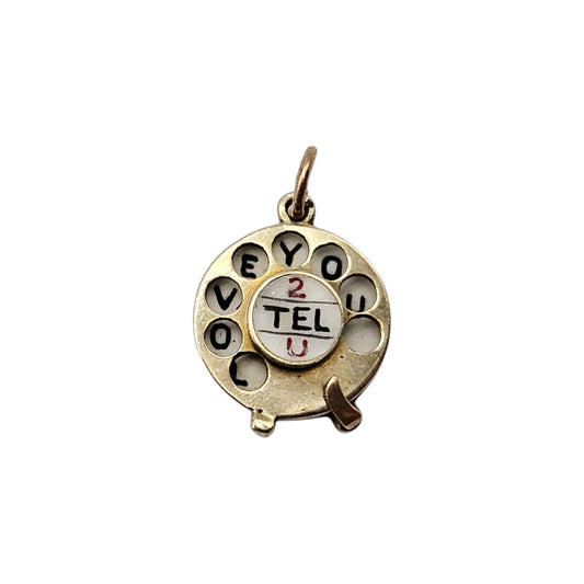 9ct 375 Yellow Gold "2 Tel U I Love You" Articulated Telephone Charm 1954 L 1.3 cm 2.2 g.