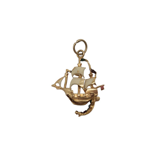 9ct 375 Yellow Gold & Enamel Treasure Ship Opening Charm 1978 L 1.6 cm 1.7 g.