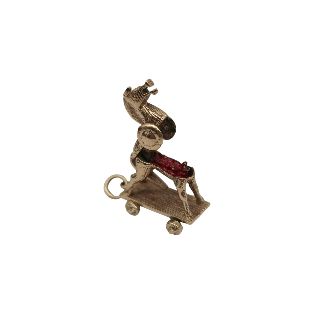 Unusual 9ct 375 Yellow Gold & Enamel Trojan Horse Opening Charm 1958 L 2.0 cm 5.6 g.