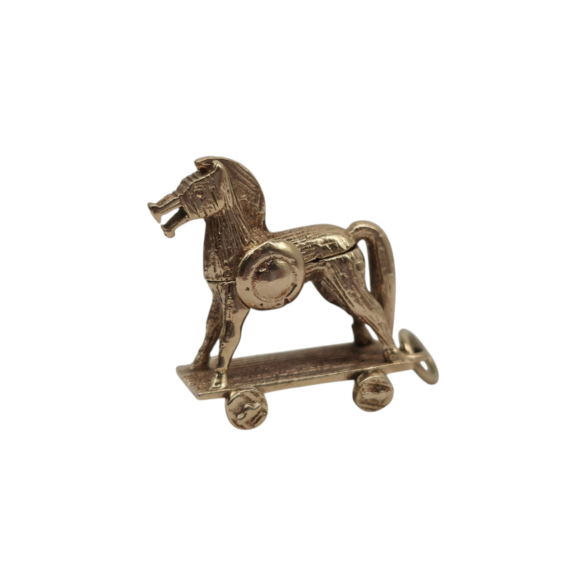 Unusual 9ct 375 Yellow Gold & Enamel Trojan Horse Opening Charm 1958 L 2.0 cm 5.6 g.