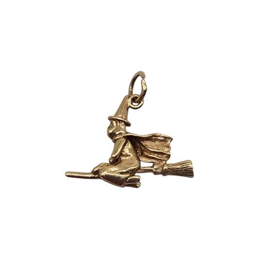 9ct Yellow Gold Witch On Broomstick Charm L 2.1 cm 1.8 g.