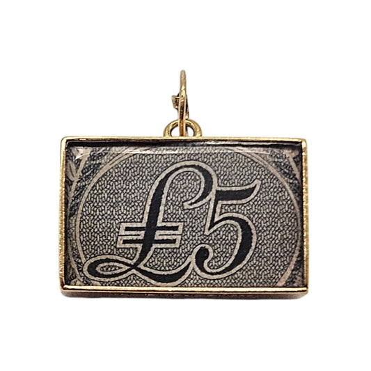 9ct 375 Yellow Gold £5 Emergency Banknote Charm 1973 L 1.8 cm 3.2 g.