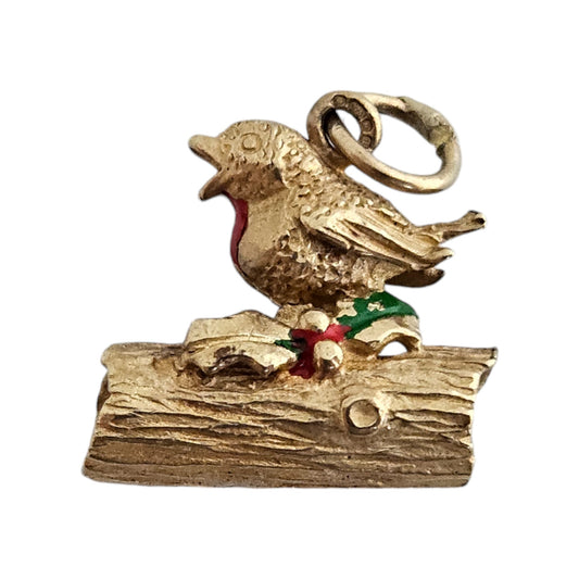 9ct 375 Yellow Gold Bird on Tree Trunk Charm 1994 L 1.2 cm 1.9 g
