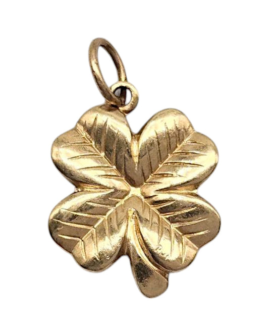 9ct 375 Yellow Gold Four Leaf Clover Lucky Charm 1966 L 1.5 cm 1.2 g.