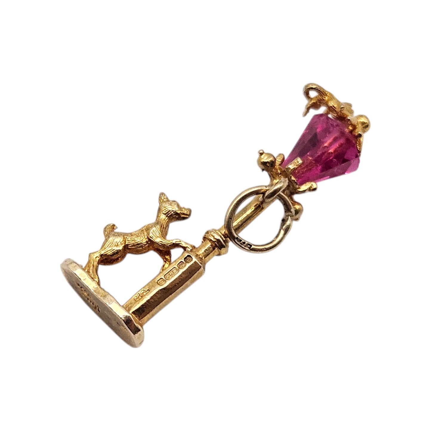 9ct 375 Yellow Gold Dog Chasing a Cat by Lamp Post Charm 1970 L 2.9 cm 2.1 g.