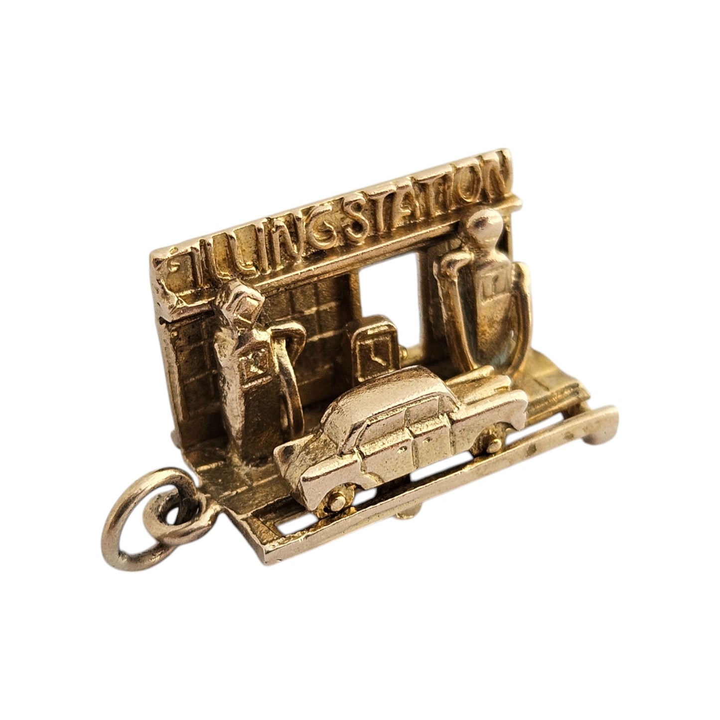 Unusual 9ct 375 Yellow Gold Filling Station Articulated Charm c.1960's L 1.7 cm 4.4 g