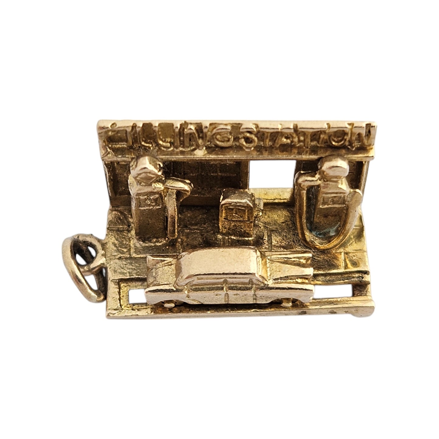 Unusual 9ct 375 Yellow Gold Filling Station Articulated Charm c.1960's L 1.7 cm 4.4 g