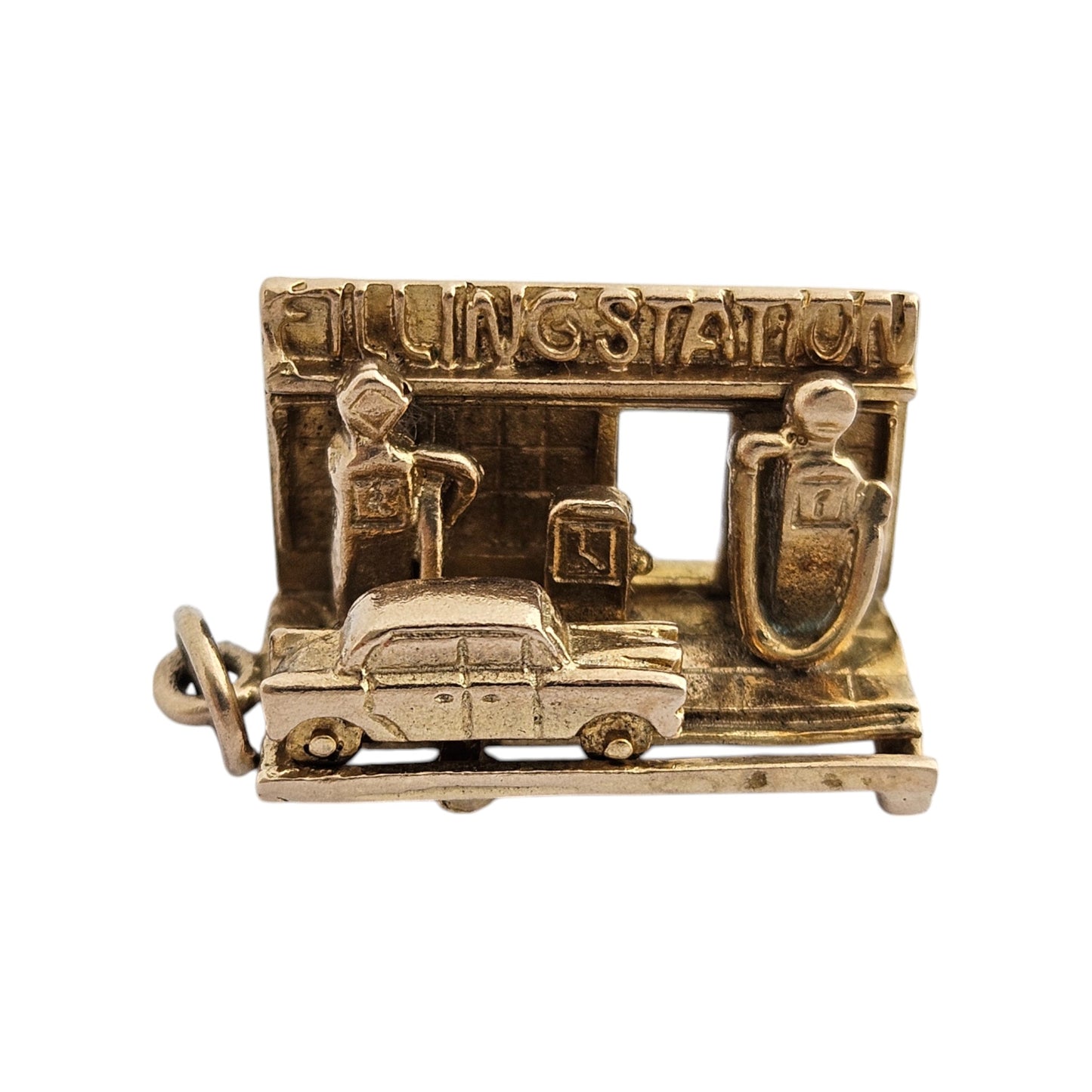 Unusual 9ct 375 Yellow Gold Filling Station Articulated Charm c.1960's L 1.7 cm 4.4 g