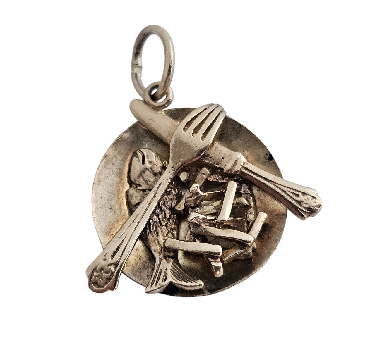 Unusual 9ct 375 Yellow Gold Fish And Chips on a Plate Charm 1962 L 2.0 cm 3.0 g