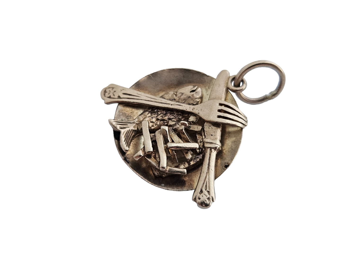 Unusual 9ct 375 Yellow Gold Fish And Chips on a Plate Charm 1962 L 2.0 cm 3.0 g