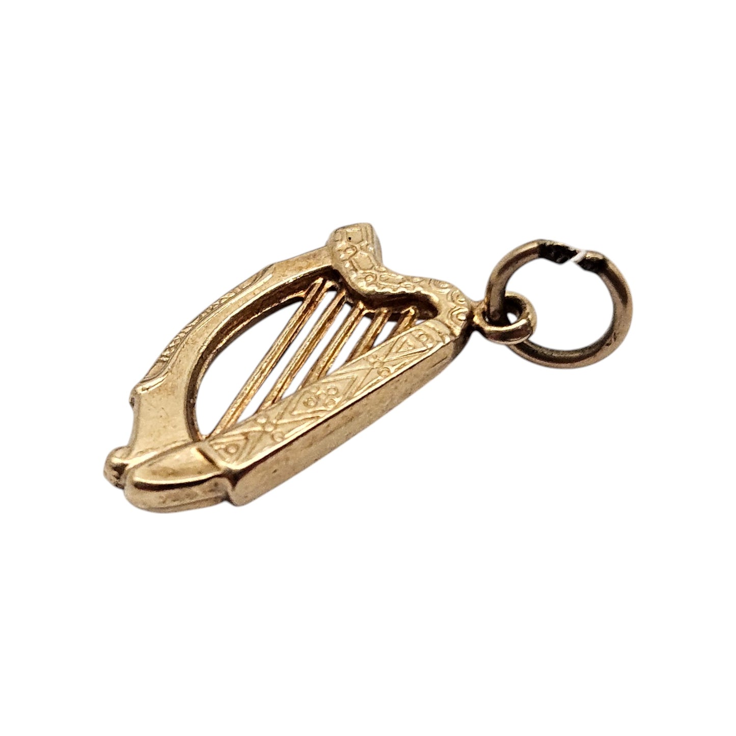 9ct 375 Yellow Gold Harp Charm 1966 L 1.5 cm 0.6 g.