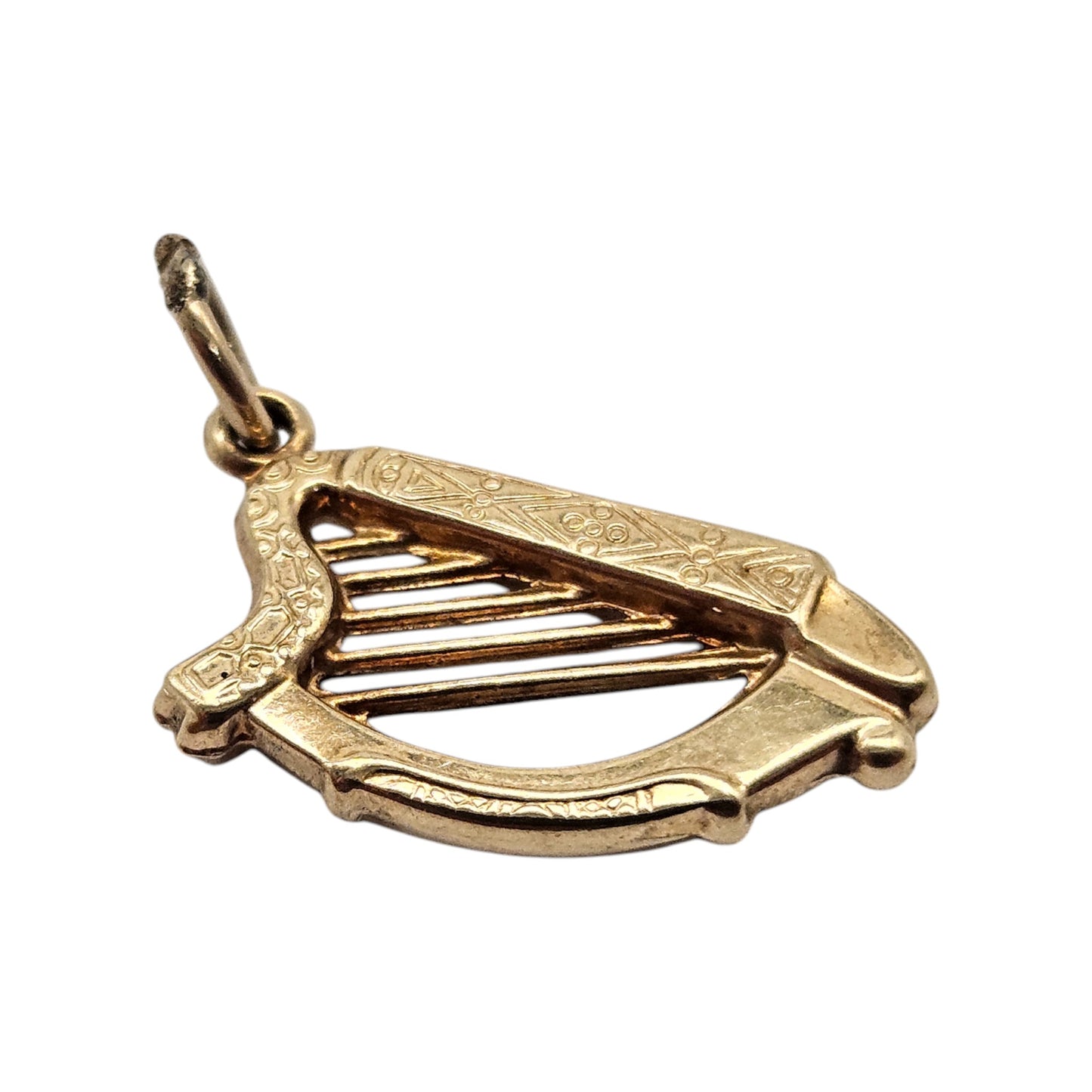 9ct 375 Yellow Gold Harp Charm 1966 L 1.5 cm 0.6 g.