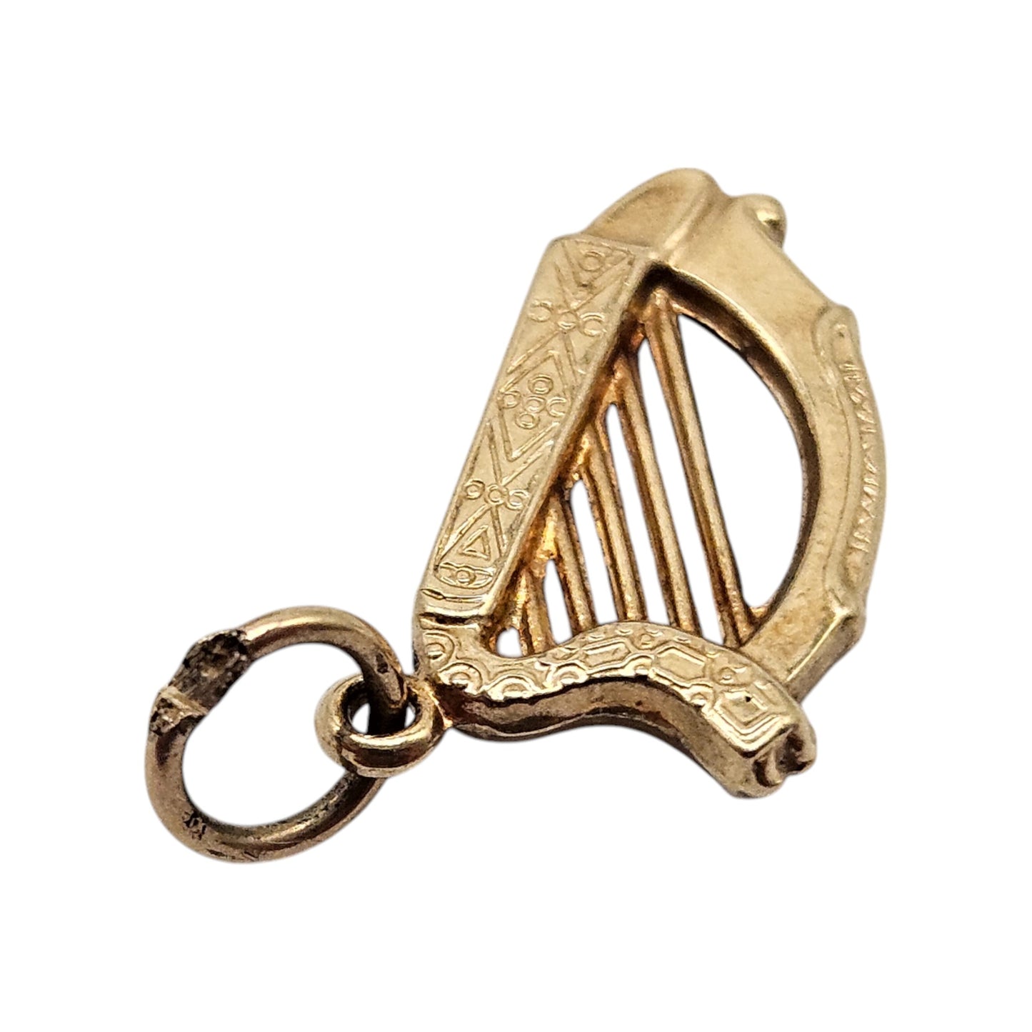 9ct 375 Yellow Gold Harp Charm 1966 L 1.5 cm 0.6 g.